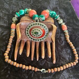 Bohemian Ethnic Tibetan Statement Coral Amulet Necklace Artisan Handmade